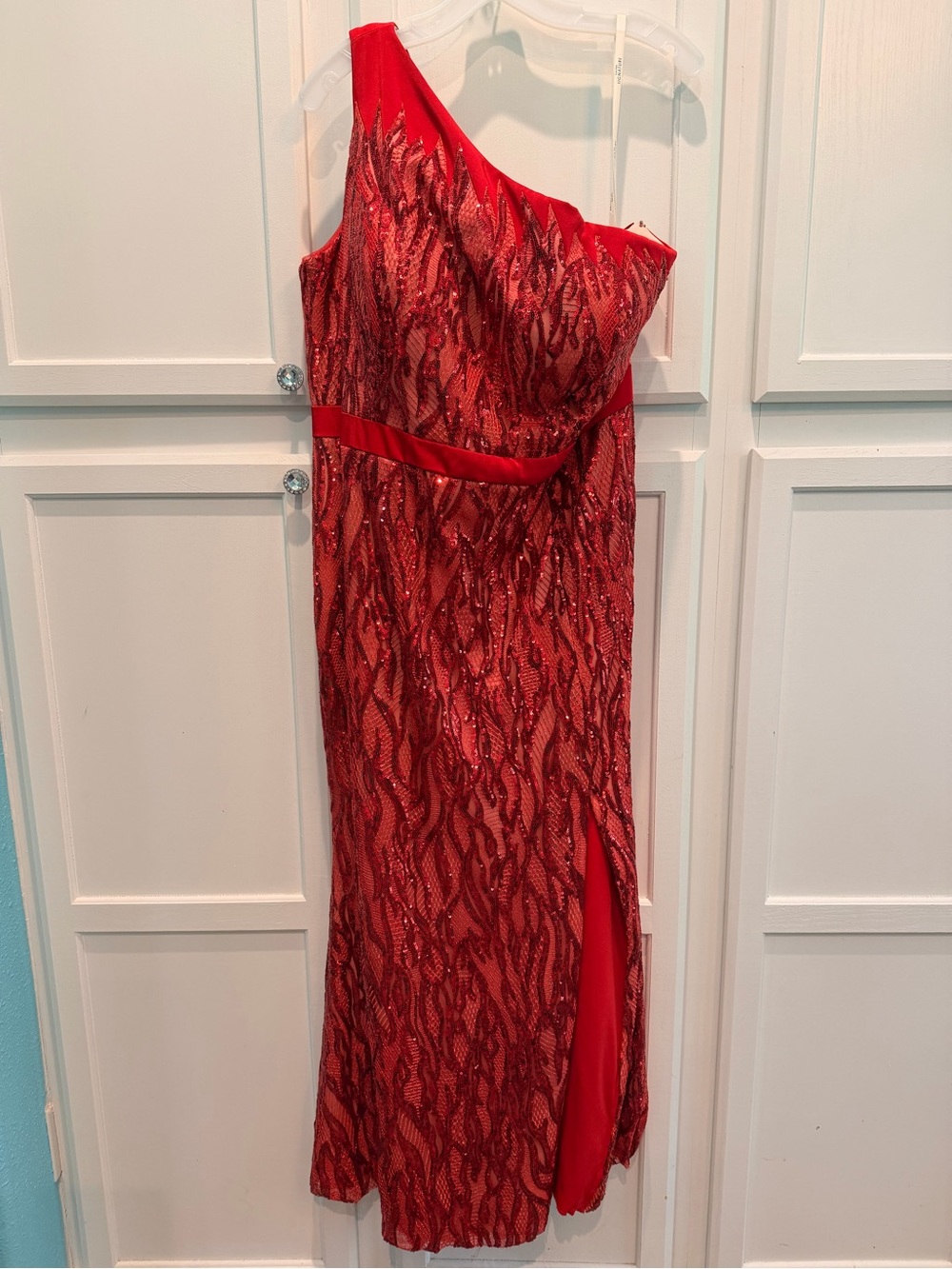Size 24W One-Shoulder Red Sequin Evening Gown with Leg Slit